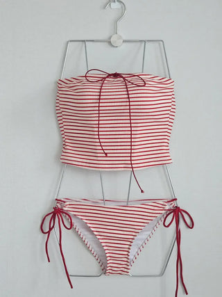 Red Stripe Ribbon Tube Top Crop Bikini Swimsuit Set