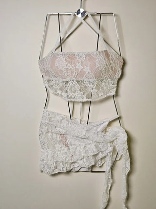 🌹Ivory Black color lace skin lining strap frill skirt halter neck piece sexy feminine bikini set