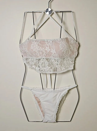 🌹Ivory Black color lace skin lining strap frill skirt halter neck piece sexy feminine bikini set