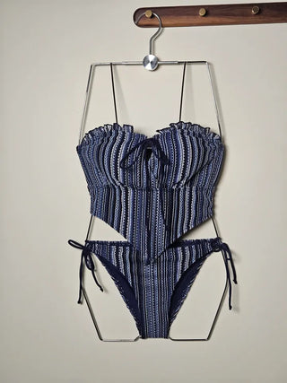 💙Striped Dangara Crochet Strap Belly Cover Body Cover Cover-Up Piece Navy Bikini Swimsuit Set