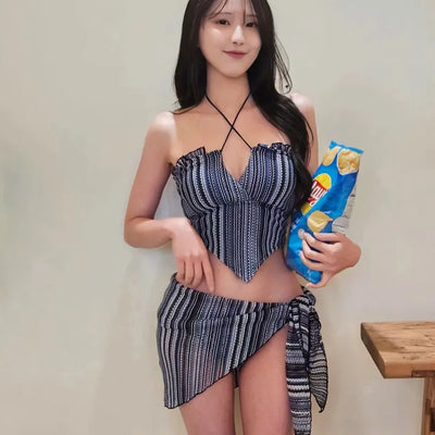 💙Striped Dangara Crochet Strap Belly Cover Body Cover Cover-Up Piece Navy Bikini Swimsuit Set