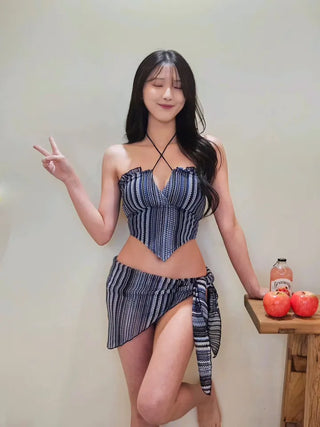 💙Striped Dangara Crochet Strap Belly Cover Body Cover Cover-Up Piece Navy Bikini Swimsuit Set