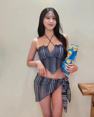 💙Striped Dangara Crochet Strap Belly Cover Body Cover Cover-Up Piece Navy Bikini Swimsuit Set