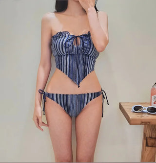 💙Striped Dangara Crochet Strap Belly Cover Body Cover Cover-Up Piece Navy Bikini Swimsuit Set