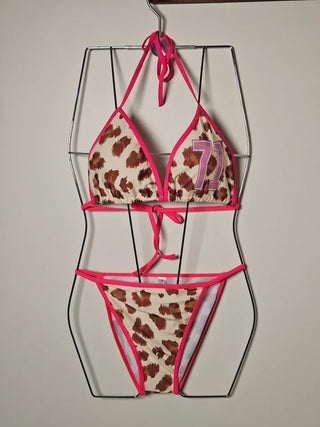 🐆Leopard print leopard print pink color blocking sexy pants included hip street retro sporty cover-up piece bikini set