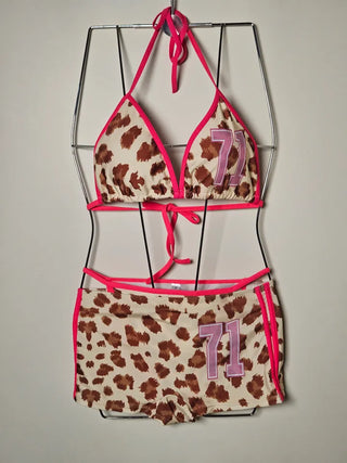 🐆Leopard print leopard print pink color blocking sexy pants included hip street retro sporty cover-up piece bikini set