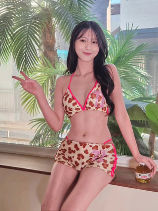 🐆Leopard print leopard print pink color blocking sexy pants included hip street retro sporty cover-up piece bikini set
