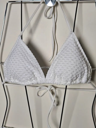 🤍 White off-shoulder embossed see-through cover-up shirring body-covering belly-covering halter neck piece innocent sexy bikini swimsuit set