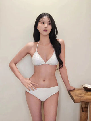 🤍 White off-shoulder embossed see-through cover-up shirring body-covering belly-covering halter neck piece innocent sexy bikini swimsuit set