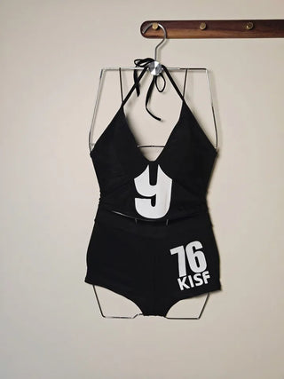 🔥Bikini Set Black Lettering Crop Top Halter Neck Shorts Hip Sexy Sporty Piece Swimsuit Set