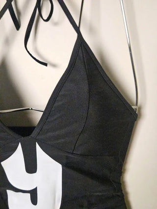 🔥Bikini Set Black Lettering Crop Top Halter Neck Shorts Hip Sexy Sporty Piece Swimsuit Set