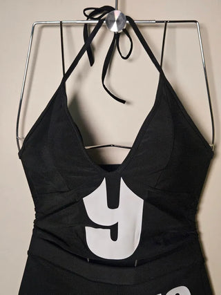 🔥Bikini Set Black Lettering Crop Top Halter Neck Shorts Hip Sexy Sporty Piece Swimsuit Set