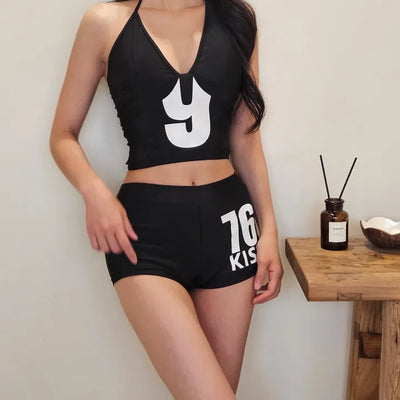 🔥Bikini Set Black Lettering Crop Top Halter Neck Shorts Hip Sexy Sporty Piece Swimsuit Set