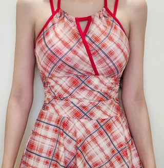 Red check shirring halter neck belly cover piece cardigan included body-covering pants swimsuit set