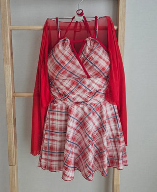 Red check shirring halter neck belly cover piece cardigan included body-covering pants swimsuit set