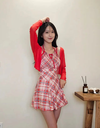 Red check shirring halter neck belly cover piece cardigan included body-covering pants swimsuit set