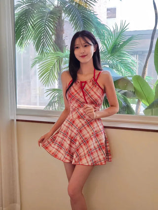 Red check shirring halter neck belly cover piece cardigan included body-covering pants swimsuit set