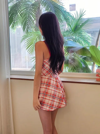 Red check shirring halter neck belly cover piece cardigan included body-covering pants swimsuit set