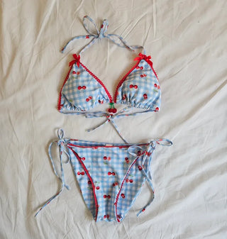 Blue check cherry lace piece sexy pants bikini set