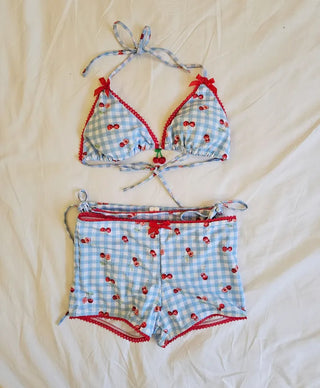 Blue check cherry lace piece sexy pants bikini set