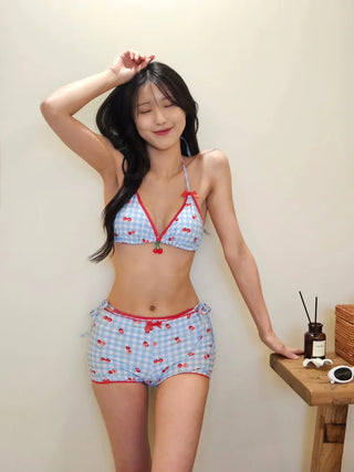 Blue check cherry lace piece sexy pants bikini set