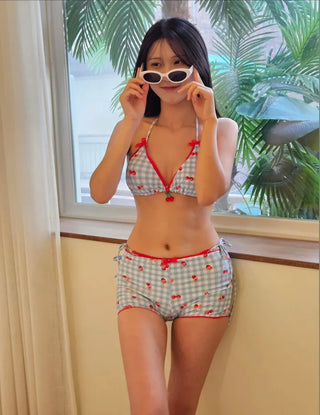Blue check cherry lace piece sexy pants bikini set