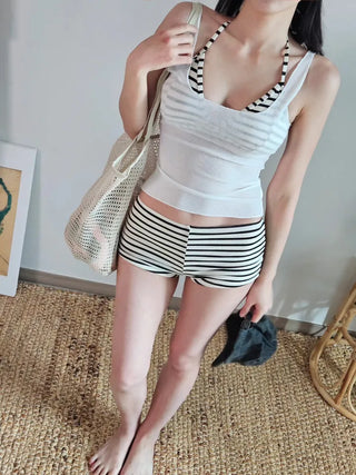 color striped single-breasted halter neck piece see-through cover-up with pants and bikini swimsuit