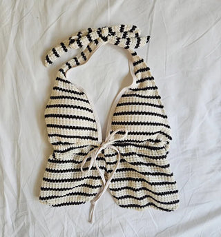 Striped Dangara Crochet Knit Piece Pants Ribbon Halter Neck Bikini Swimsuit Set
