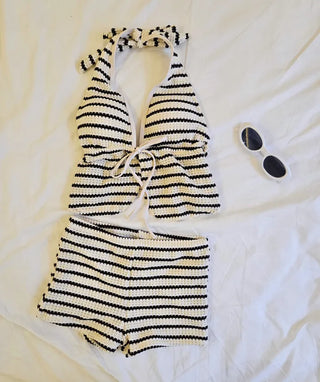 Striped Dangara Crochet Knit Piece Pants Ribbon Halter Neck Bikini Swimsuit Set