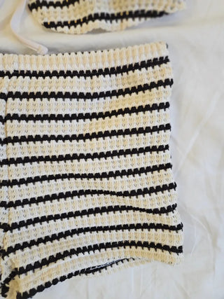 Striped Dangara Crochet Knit Piece Pants Ribbon Halter Neck Bikini Swimsuit Set