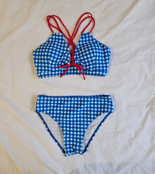 piece blue gingham check red strap lovely wrap skirt cute bikini set with hood included
