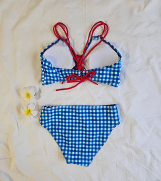 piece blue gingham check red strap lovely wrap skirt cute bikini set with hood included