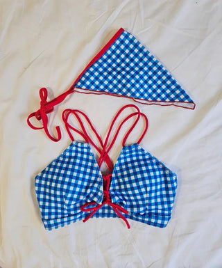 piece blue gingham check red strap lovely wrap skirt cute bikini set with hood included