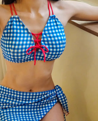 piece blue gingham check red strap lovely wrap skirt cute bikini set with hood included