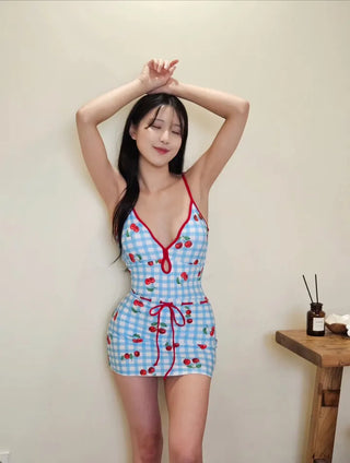 Cherry Blue Gingham Check Crochet Skirt Set with Shapewear One-Piece Swimsuit