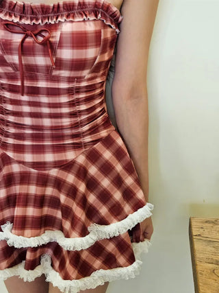 Burgundy check lovely ribbon shirring belly-covering dress fit wire resort vacation water park non-exposure nasi cute one-piece swimsuit