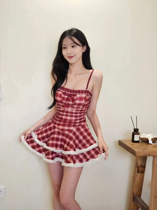 Burgundy check lovely ribbon shirring belly-covering dress fit wire resort vacation water park non-exposure nasi cute one-piece swimsuit