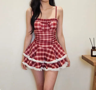 Burgundy check lovely ribbon shirring belly-covering dress fit wire resort vacation water park non-exposure nasi cute one-piece swimsuit