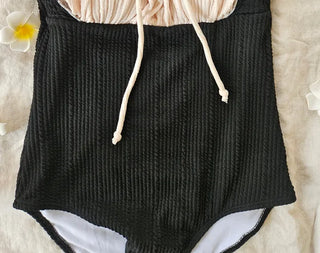 Ivory shirring ribbon frill ruffle color block black ribbed one-piece swimsuit