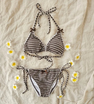 Brown gingham check ribbon halter neck piece bikini with lovely cute belly-covering skirt cover-up set