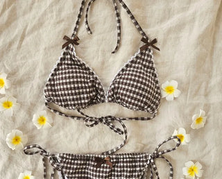 Brown gingham check ribbon halter neck piece bikini with lovely cute belly-covering skirt cover-up set