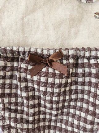 Brown gingham check ribbon halter neck piece bikini with lovely cute belly-covering skirt cover-up set