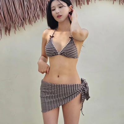 Brown gingham check ribbon halter neck piece bikini with lovely cute belly-covering skirt cover-up set