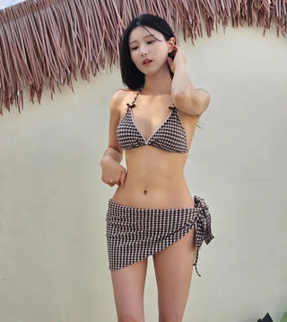 Brown gingham check ribbon halter neck piece bikini with lovely cute belly-covering skirt cover-up set