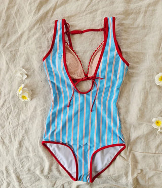 Retro Blue Lace Stripe Dangara Red Blue Team Ribbon One-Piece Swimsuit