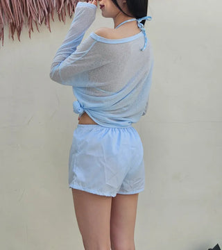 Sky blue halter neck piece see-through cover-up striped pants body-covering Confucian girl bikini set