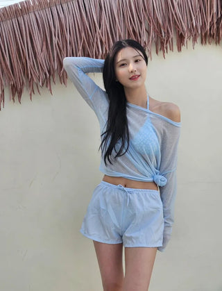 Sky blue halter neck piece see-through cover-up striped pants body-covering Confucian girl bikini set
