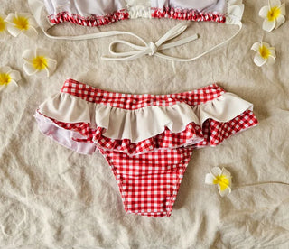 Red gingham check white frill halter neck two-piece body-shaping bikini swimsuit