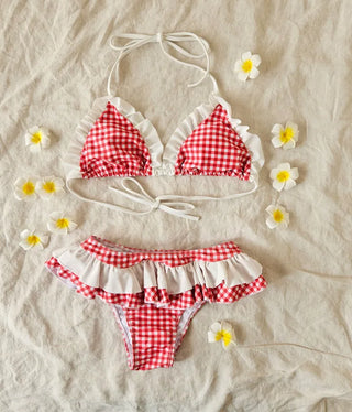 Red gingham check white frill halter neck two-piece body-shaping bikini swimsuit