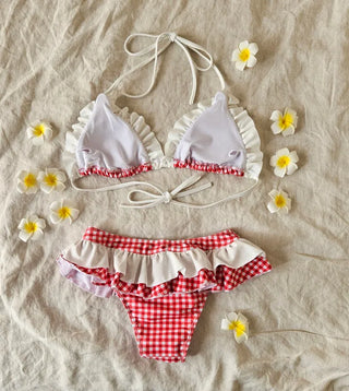 Red gingham check white frill halter neck two-piece body-shaping bikini swimsuit